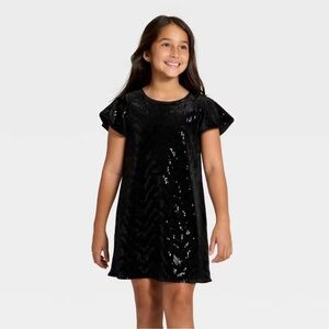 Cat & Jack Girls' Short Sleeve Sequin Velvet Dress - Black, L